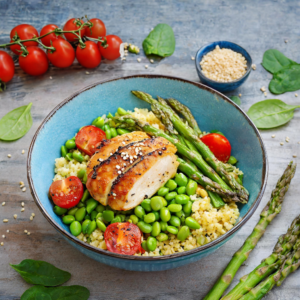 BOWL EDAMAME, BOULGOUR ET ASPERGES VERTES