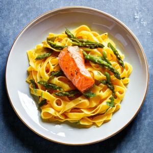 Tagliatelles gourmandes au saumon et asperges vertes