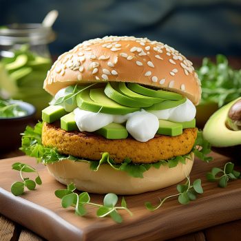 Firefly hyper-realistic photograph of a vegan burger with slices of avocado, cream cheese dripping l